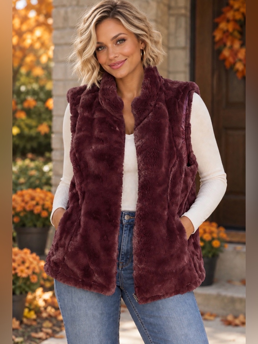 Nicole Miller Reversible Plush Faux Fur Vest - Burgundy